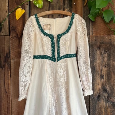 Vintage 70s Gunne Sax Prarie Dress Green Floral Lace Size S/M 