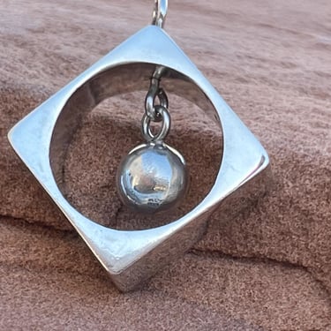 Los Ballesteros ~ Midcentury Modern Sterling Square Pendant with Open Circle in Center with Dangling Globe that Moves 