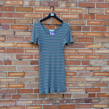 vintage 90s green striped rib knit mini dress / l xl large extra large 