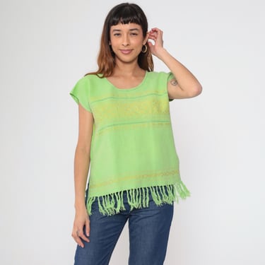 Vintage Embroidered Fringe Top Lime Green Mexican Blouse Tunic Woven Shirt Southwestern Cutwork Hippie Bohemian Boho Cap Sleeve Medium 