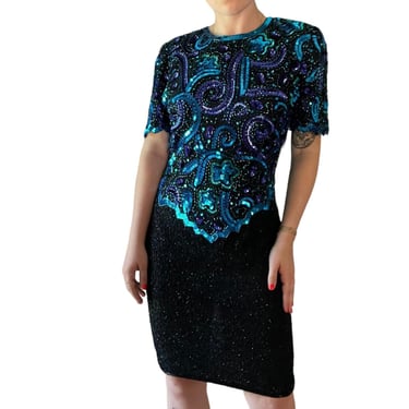 Vintage 1980s Laurence Kazar Silk Blue Beaded Sequin Embroidered Evening Dress M 