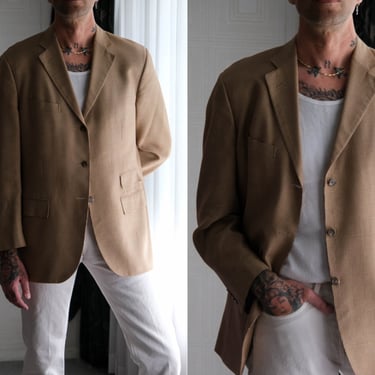 Vintage 90s Ralph Lauren Polo Sandy Tan Silk Tartan Plaid Three Button Blazer | Made in Italy | 100% Silk | 1990s POLO Designer Sport Coat 