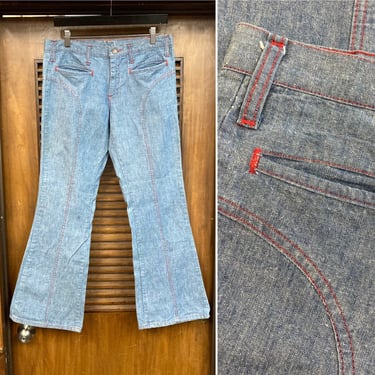 Vintage 1960’s w33 Hippie Rocker Denim Disco Flare Bellbottom Jeans, 60’s Hip Hugger, Vintage Clothing 