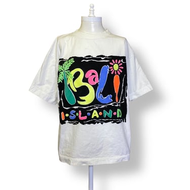 Vintage Bali Island Shirt 80s Unisex Crew Neck Tshirt Size Large White with Neon Graphics 