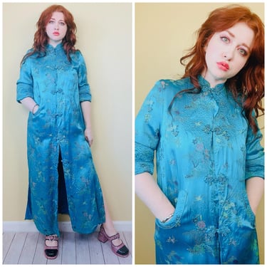 1960s Vintage Turquoise Brocade Crane Duster Coat / 60s Cheongsam Silk Mandarin Collar Embroidered Bed Jacket / Large 