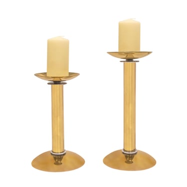 Karl Springer Pair of Candle Holders in Brass with Chrome Accents 1980s