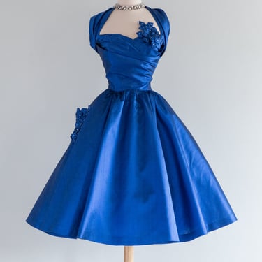1950's Sapphire Blue Silk Party Dress With Rhinestones / SM