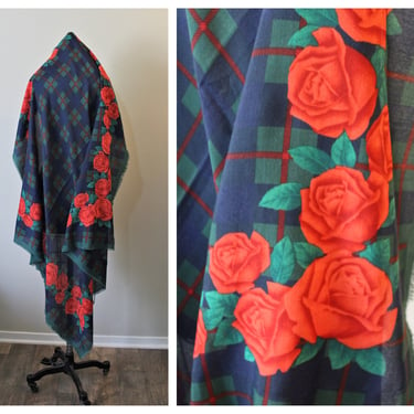 Vintage 1950s Navy Red Cabbage Rose Plaid LARGE scarf wrap shawls 