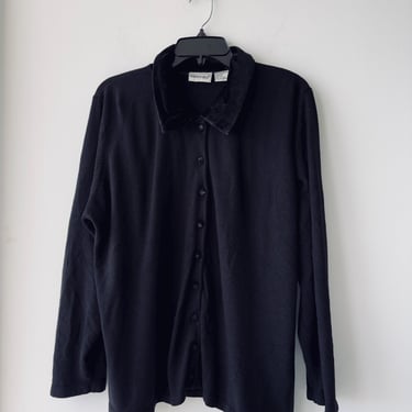 Vintage Fashion Bug Button Up Shirt Velvet Trim Black Long Sleeve Womens 26/28 Y2K 