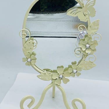 Vintage Metal Vanity Mirror -Perfect for your dresser or bathroom vanity- Flowers Butterlies and Rhinestones 