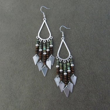 Green jasper and wood boho chic chandelier earrings 