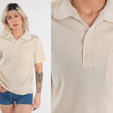 Beige Polo Shirt -- Vintage 80s Quarter Button Up Shirt Retro Pocket Tshirt Collared 1980s Slouch Short Sleeve Tee Plain Small Medium 