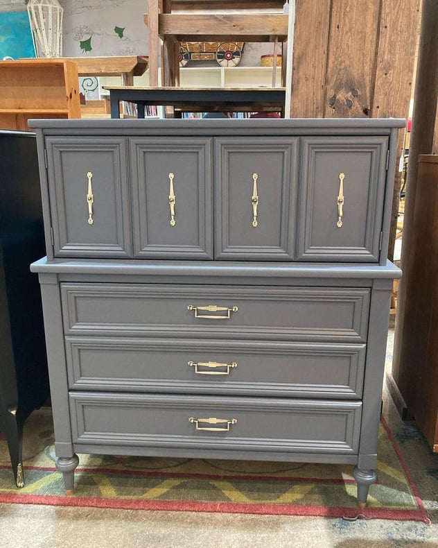 Gray painted mid century Italian provincial tall chest of drawers 42” x 21” x 47.5” Call 202-232-8171 to purchase