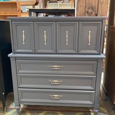 Gray painted mid century Italian provincial tall chest of drawers 42” x 21” x 47.5” Call 202-232-8171 to purchase