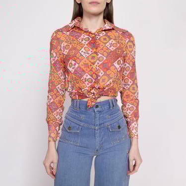 XS 60s Mosaic Floral Dog Ear Collar Blouse | Vintage Sheer Boho Button Up Collared Top 