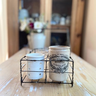 Vintage French farmhouse metal bottle carrier 