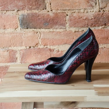 red high heels | 90s y2k vintage Sergio Zelcer burgundy snakeskin pointed toe sexy extra high heel pumps size 8.5 