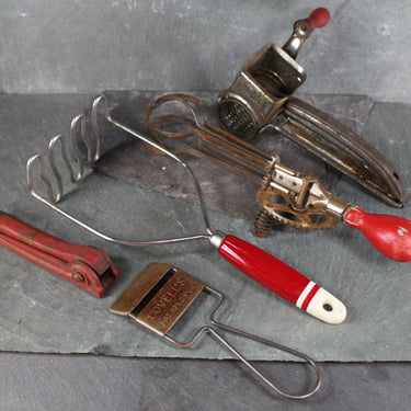 Antique Kitchen Tools | Red Handled Tools | Grater, Slicer, Masher, Egg Beater, and Mystery Tool | Vintage Kitchen 