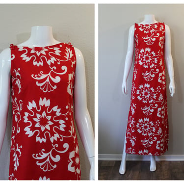 Vintage 60's MOD Floral Red White Cotton Column Maxi Sheath Hawaiian Dress PELELANI // US 0 2 4 