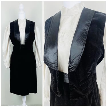 1970s Vintage Black Velvet Suit / 70s / Seventies Satin Cummerbund Tuxedo Pencil Skirt and Vest / Size Small 