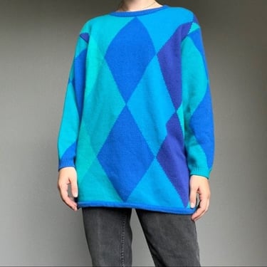 Vintage 90s Brett Harrison Knits Blue Geometric Crew Pullover Soft Lambswool Angora Blend Oversized Grandpa Sweater Sz Small 