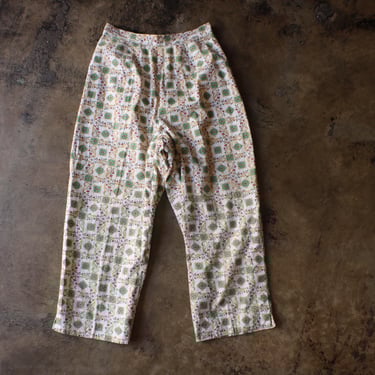 1950's Capri Pants / High Waist Cotton Pants / Vintage Patterned Capris / Women's Extra Small 