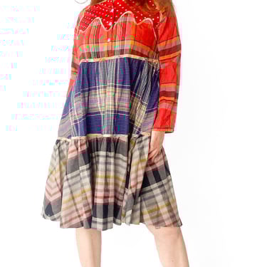 Rare 1970s Koos Van den Akker Couture Plaid & Polka Dot Long Sleeve Dress, sz. 1XL