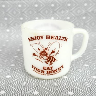 Vintage Honey Bee Mug - Federal Milk Glass Coffee Cup - Brown Enjoy Health, Eat Your Honey - International Bee Keepers Assoc - 1960s 