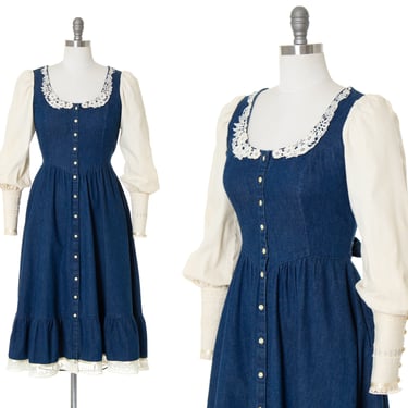 Vintage 1970s Shirt Dress | 70s Gunne Sax Style Cotton Denim Tiered Long Sleeve Prairie Fit Flare Boho Day Dress w/ Pockets (small/medium) 