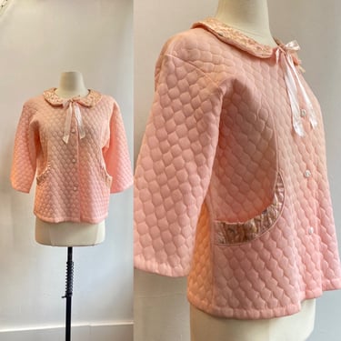 Vintage 50s 60s Bed Jacket / QUILTED + NWT / Embroidered Satin Peter Pan Collar + Pocket Trim / Ribbon Tie 