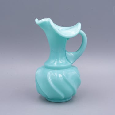 Fenton Glass Turquoise 6" Handled Jug | Vintage Mid Century Art Glass 