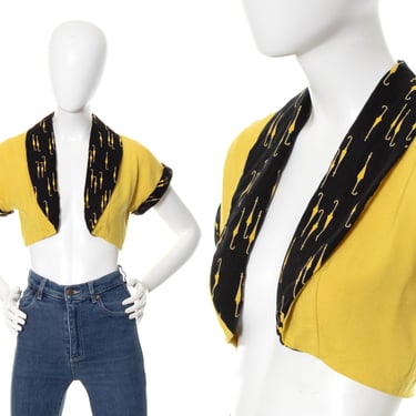 Vintage 1950s Bolero | 50s Umbrella Rain Novelty Print Linen Cotton Yellow Black Color Block Cropped Shrug Jacket Top (x-small/small) 