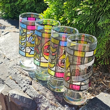 Vintage Beer Glasses Set of 4 Stained Glass 