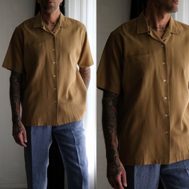 Vintage 90s POLO Ralph Lauren Khaki Tan Caldwell Silk Blend Loop Collar Shirt | Size Large | 1990s Does 1950s POLO RL Camp Collar Shirt 