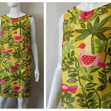 Vintage 60's MOD Pop Art Saks Fifth Avenue Tiki Room Bird Designer Print Sheath Dress Lime Green Hot Pink 