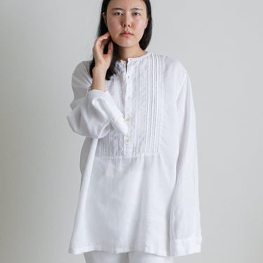Y2K white linen band collar pleated front blouse // L (2414) 