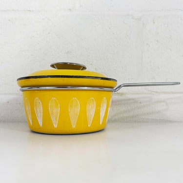 Vintage Cathrineholm Enamel White Yellow Saucepan Sauce Pan Norway Catherineholm Norwegian Scandinavian Covered Pot 1960s 1950s 