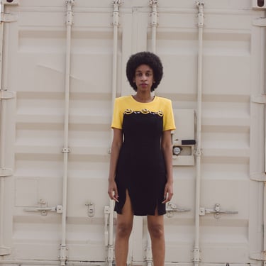 Vintage Yellow and Black Abstract Print Midi Shirt Dress 