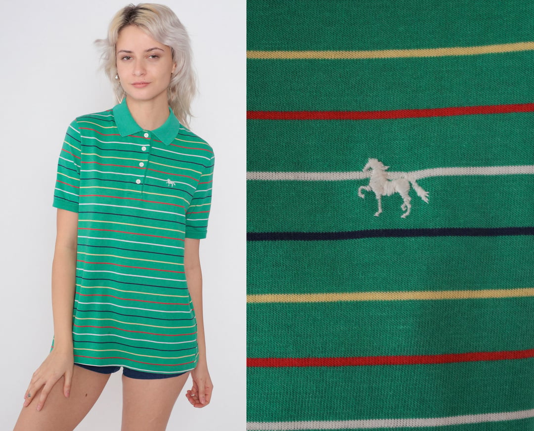 Green Striped Polo Shirt 80s Horse Crest Collared T-Shirt Retro 