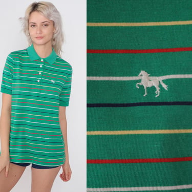 Green Striped Polo Shirt 80s Horse Crest Collared T-Shirt Retro Short Sleeve Top Preppy Single Stitch Primary Color Vintage 1980s Large L 