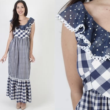 Young Innocent By Arpeja Dress / Bohemian Checkered Gingham Print Picnic Maxi / Vintage 70s Boho Garden Prairie Gown 