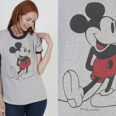 Tropix Togs Mickey Mouse T Shirt Heather Grey Disneyland Cartoon Tee Vintage 80s Walt Disney Gray Ringer Top L 