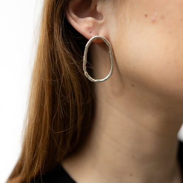 Sterling Silver Textured Asymmetric Oval Earrings