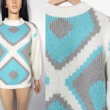 Vintage 80s Ice Blue Diamond Print Pullover Sweater Size S 