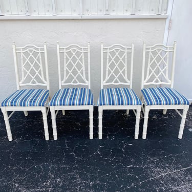 Set of 4 Vintage Faux Bamboo Dining Chairs - Hollywood Regency Fretwork Palm Beach Furniture 