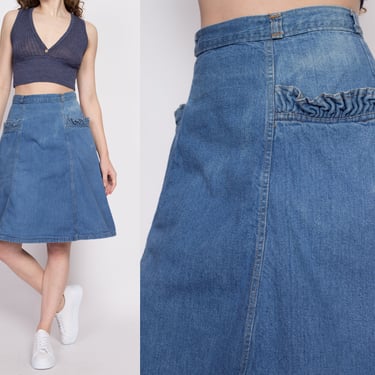 70s Denim Ruffle Pocket A-Line Skirt - Small, 27" | Vintage Faded High Waisted Boho Knee Length Jean Skirt 