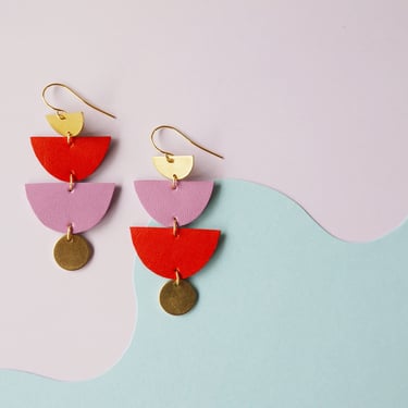 SAILOR'S DELIGHT -  Red + Purple tiered reclaimed leather Statement Earrings -Geometric  Halfmoons and Brass Circles 