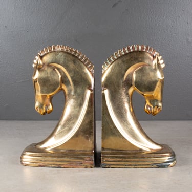 Machine Age Brass Trojan Horse Bookends by Dodge Inc. c.1930