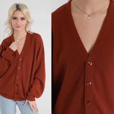 Rust Cardigan 70s Button Up Knit Sweater Plain Retro Knitwear Basic Simple Preppy Brown Seventies Vintage 1970s Acrylic Extra Large xl 