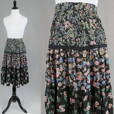 70s Black Floral Skirt - 24 waist - Pink Green Blue Brown - Full Three Tiered - Nicolé Sportswear - Vintage 1970s 